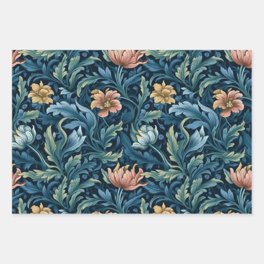 Retro botanisch patroon blauw inpakpapier vel (Voorkant 3)