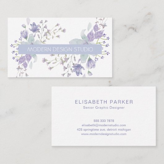 Retro botanische bloemen waterverf stoffig blauw l visitekaartje (Voorkant / Achterkant)
