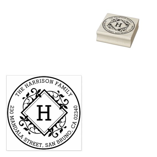 Retro Botanische Ronde Familienaam & Terugkeeradre Rubberstempel (Gestempeld)