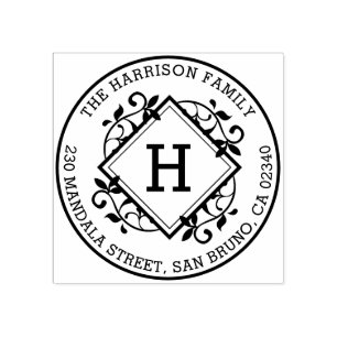 Retro Botanische Ronde Familienaam & Terugkeeradre Rubberstempel