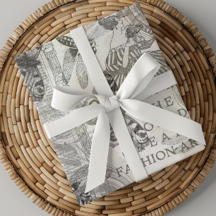 Retro Botanische Vlinder Script Zwart-wit Inpakpapier Vel