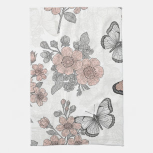 Retro botanische vlinder toile-patroon (2) theedoek