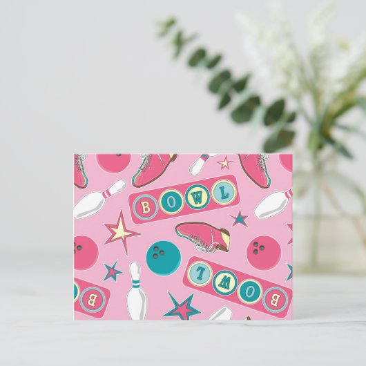 Retro Bowling Afdrukroze Briefkaart (Staand voorkant)