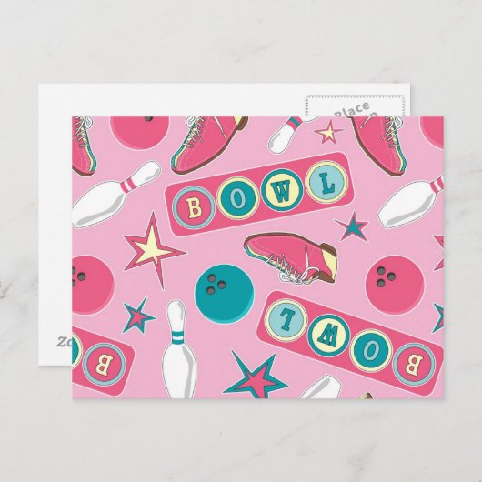 Retro Bowling Afdrukroze Briefkaart (Voorkant / Achterkant)