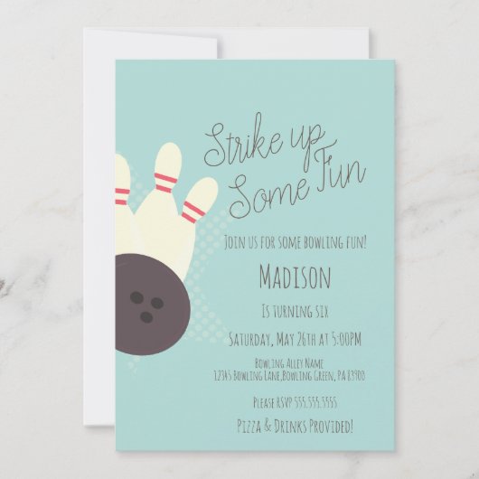 Retro Bowling Alley Birthday Party Blauwgroen Kaart (Voorkant)