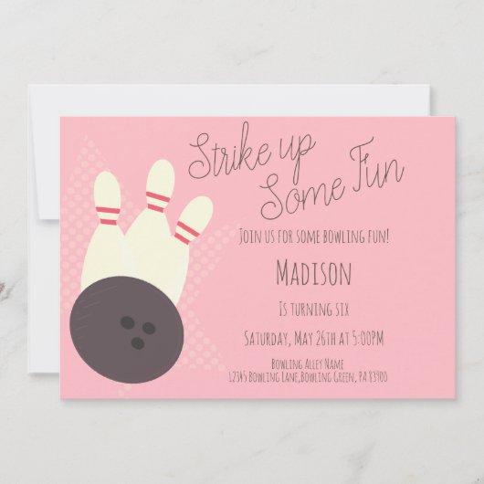 Retro Bowling Alley Birthday Party roze uitnodigin Kaart (Voorkant)