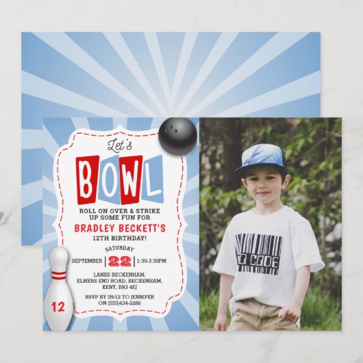 Retro Bowling Any Age Birthday Photo Kaart (Voorkant / Achterkant)