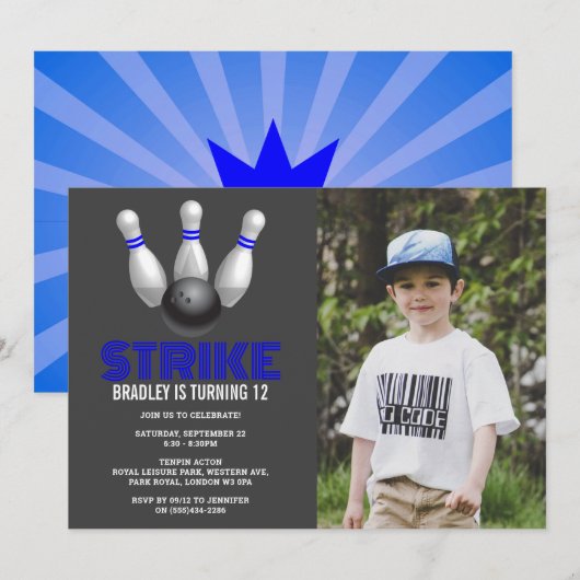 Retro Bowling Any Age Birthday Photo Kaart (Voorkant / Achterkant)