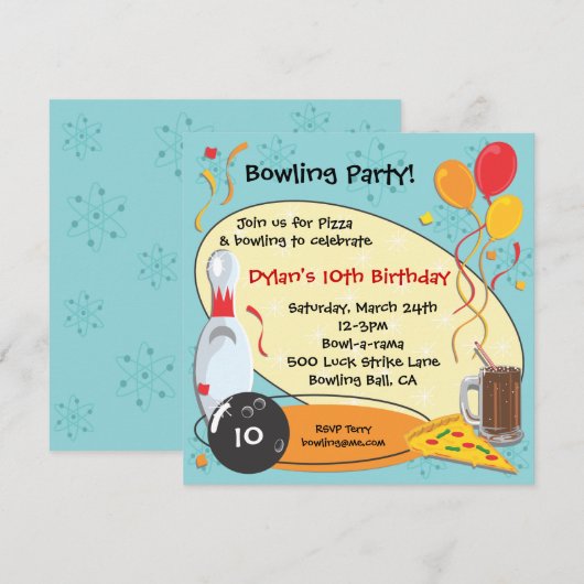 Retro Bowling Birthday Party Invitation Card Kaart (Voorkant / Achterkant)