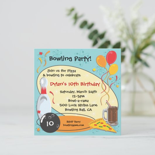 Retro Bowling Birthday Party Invitation Card Kaart (Staand voorkant)