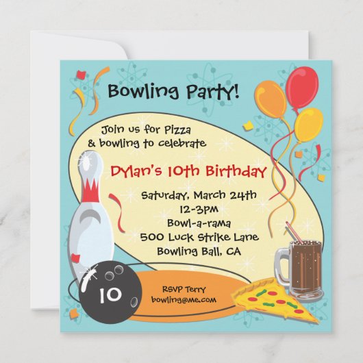 Retro Bowling Birthday Party Invitation Card Kaart (Voorkant)