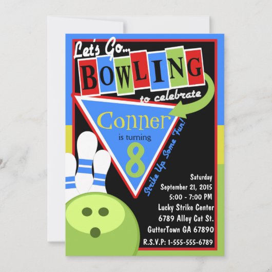 Retro Bowling Birthday Party Invitation Kaart (Voorkant)