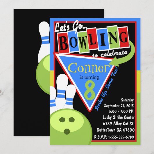 Retro Bowling Birthday Party Invitation Kaart (Voorkant / Achterkant)
