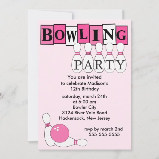 Retro Bowling Birthday Party Invitation Kaart (Voorkant)