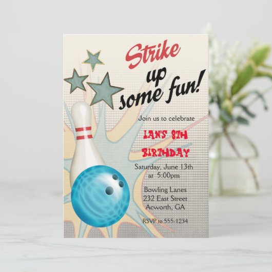 Retro Bowling Birthday Uitnodiging (Staand voorkant)