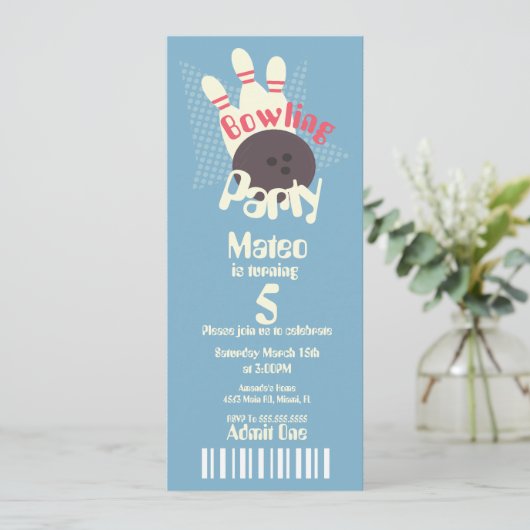 Retro Bowling Blue Birthday Ticket Style Kaart (Staand voorkant)