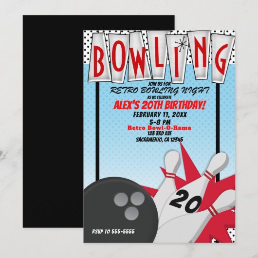 Retro Bowling Bowl Night Verjaardagsfeest Kaart (Voorkant / Achterkant)