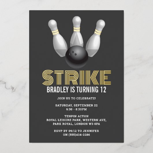 Retro Bowling Elke ouderdag Echte Folie Uitnodiging (Voorkant)