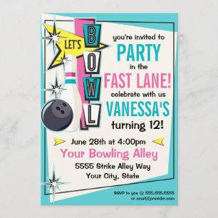 Retro Bowling Feest Uitnodiging - Roze