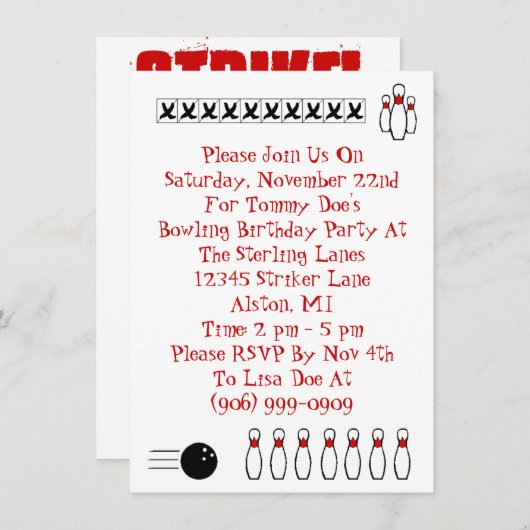 Retro Bowling het Geachte Jargon van de Uitnodigin Kaart (Voorkant / Achterkant)
