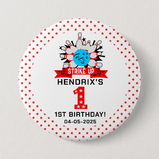 Retro Bowling Kids 1e Verjaardagsfeestje Ronde Button 7,6 Cm (Voorkant)