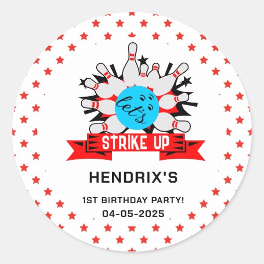 Retro Bowling Kids 1st Birthday Party Classic Roun Ronde Sticker (Voorkant)