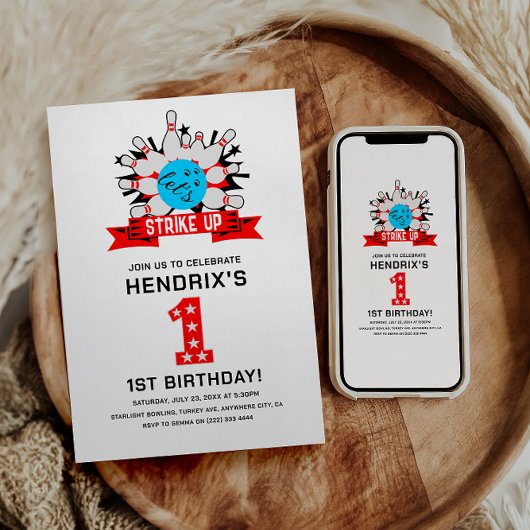 Retro Bowling Kids 1st Birthday Party Kaart