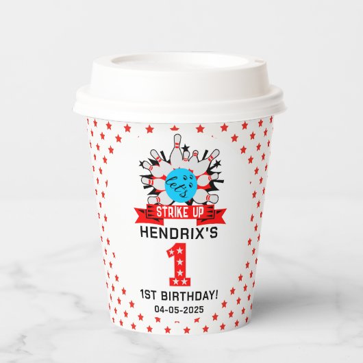 Retro Bowling Kids 1st Birthday Party Papieren Bekers (Voorkant)