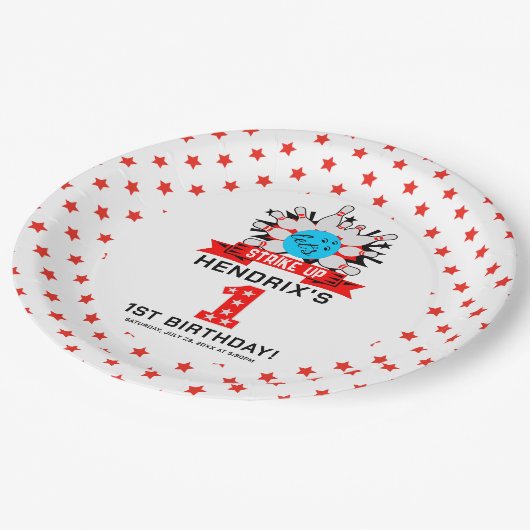 Retro Bowling Kids 1st Birthday Party Papieren Bordje (Gekanteld)