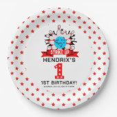Retro Bowling Kids 1st Birthday Party Papieren Bordje (Voorkant)