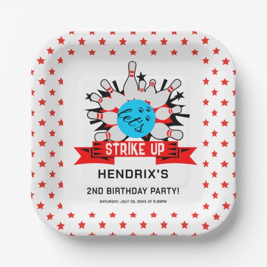 Retro Bowling Kids 1st Birthday Party Papieren Bordje (Voorkant)