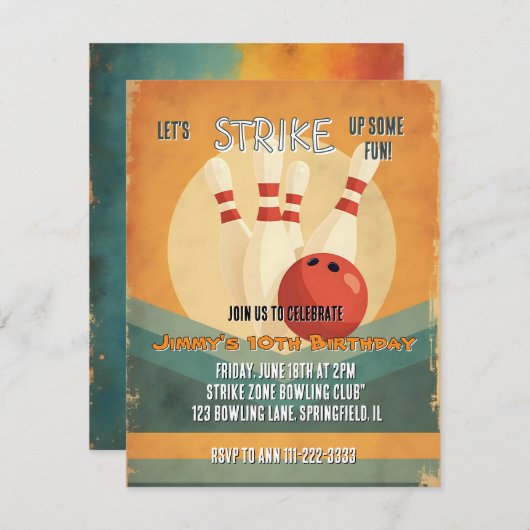 Retro Bowling Kids Verjaardagsfeestuitnodiging Feestdagenkaart (Voorkant / Achterkant)