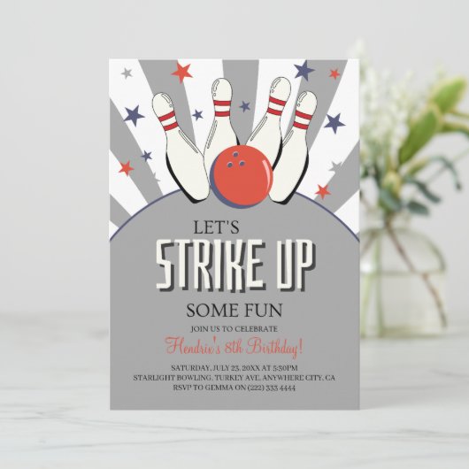 Retro Bowling Kids Verjaardagsfeestuitnodiging Kaart (Staand voorkant)