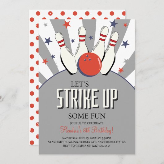Retro Bowling Kids Verjaardagsfeestuitnodiging Kaart (Voorkant / Achterkant)