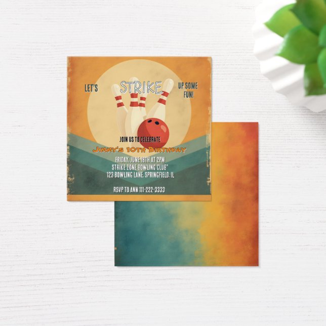 Retro Bowling Kids Verjaardagsfeestuitnodiging Vierkante Visitekaartjes (Bureau)