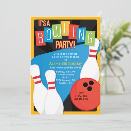 Retro Bowling Kind Birthday Party Invitation Kaart (Staand voorkant)