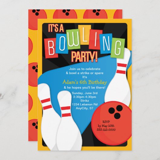 Retro Bowling Kind Birthday Party Invitation Kaart (Voorkant / Achterkant)