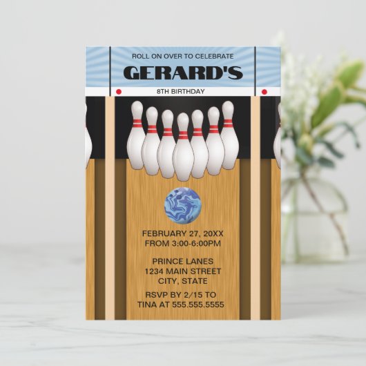 Retro Bowling Lane verjaardagsfeestje uitnodiging (Staand voorkant)