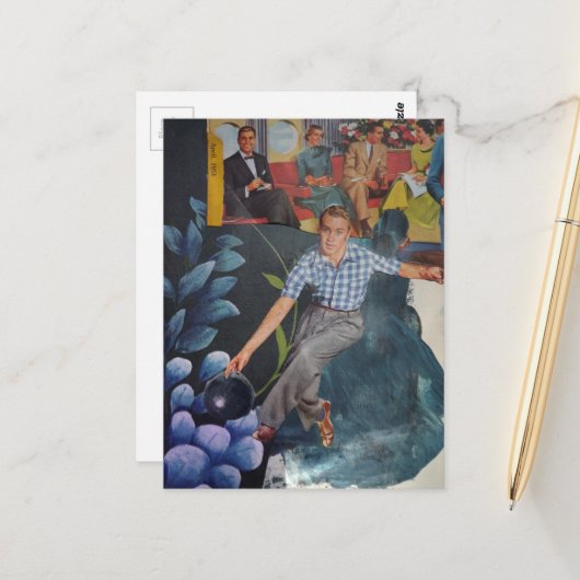 Retro Bowling Man Mixed Media Collage Briefkaart (Voorkant / Achterkant in situ)