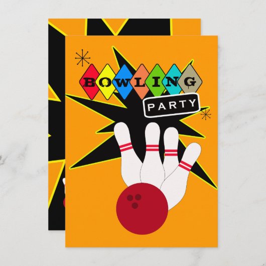 Retro Bowling Party Kaart (Voorkant / Achterkant)