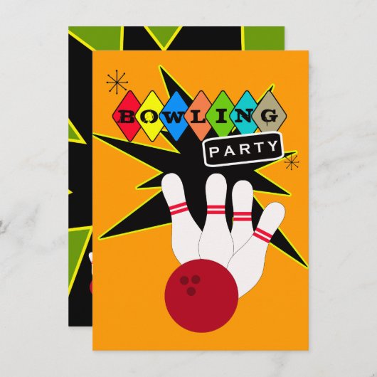 Retro Bowling Party Kaart (Voorkant / Achterkant)