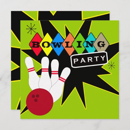Retro Bowling Party Kaart (Voorkant / Achterkant)