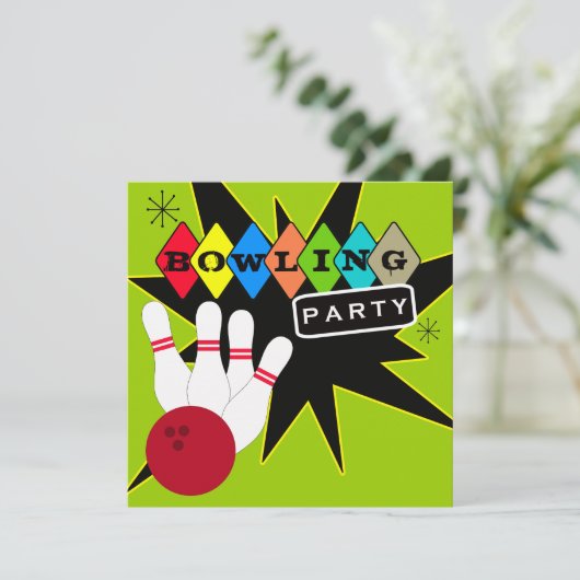 Retro Bowling Party Kaart (Staand voorkant)