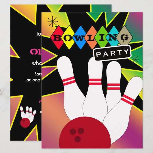 Retro Bowling Party Kaart (Voorkant / Achterkant)