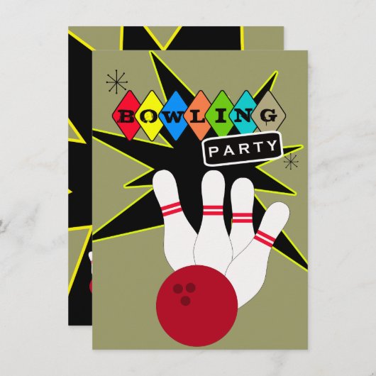 Retro Bowling Party Kaart (Voorkant / Achterkant)