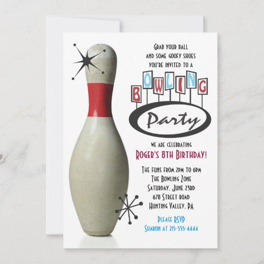 RETRO BOWLING PIN Happy Birthday Party Uitnodiging (Voorkant)