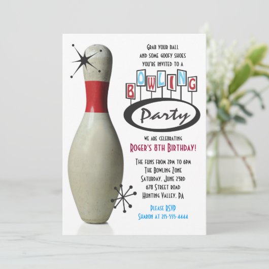 RETRO BOWLING PIN Happy Birthday Party Uitnodiging (Staand voorkant)