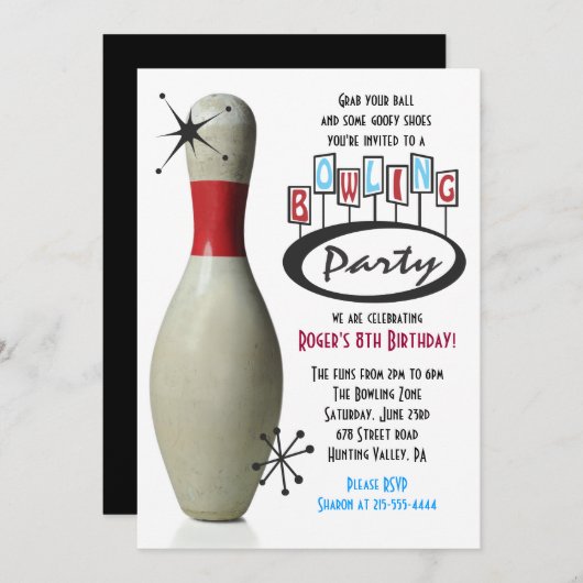 RETRO BOWLING PIN Happy Birthday Party Uitnodiging (Voorkant / Achterkant)