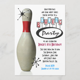 RETRO BOWLING PIN Happy Birthday Party Uitnodiging