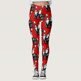 Retro Bowling Pins Zwart en Wit op Rood Leggings